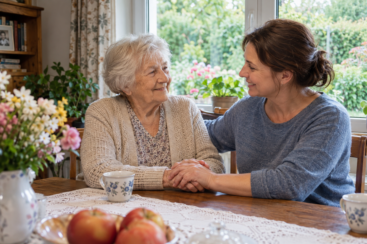 Seniorka i opiekunka spędzają razem czas w domu