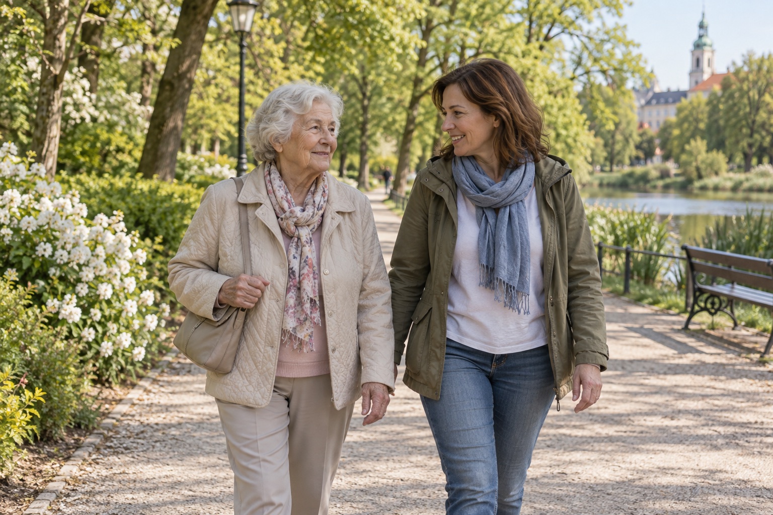 Seniorka rozmawia z towarzyszącą jej kobietą podczas spaceru w parku